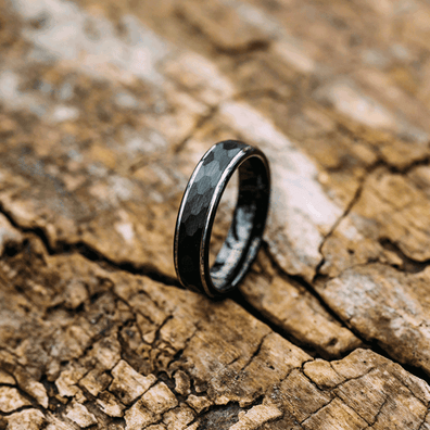 Black Tungsten Wedding Band With Raised Hammered Inlay