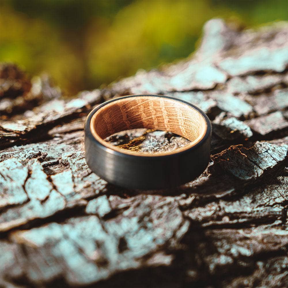 Black Tungsten Wedding Band With Whiskey Barrel Wood Interior