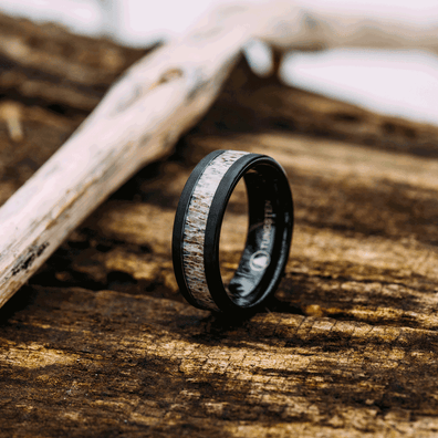 Brushed Black Tungsten Wedding Band With Deer Antler