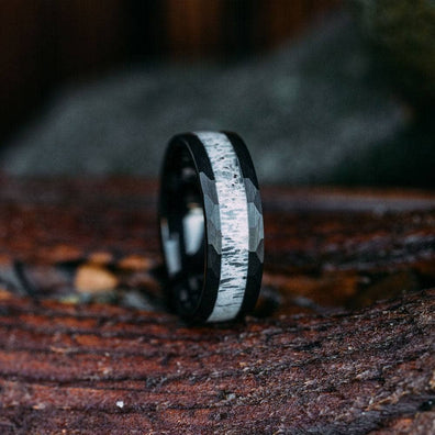 Hammered Black Tungsten Wedding Band With Deer Antler
