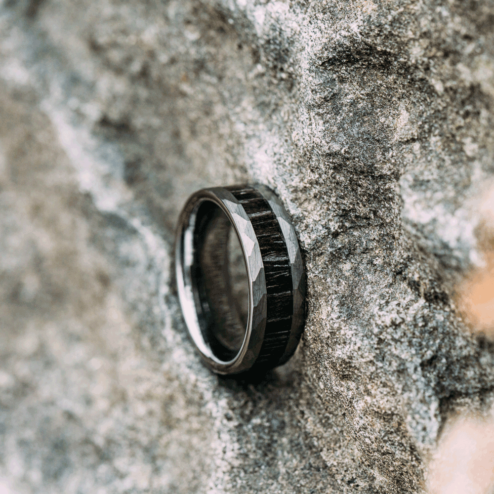Hammered Tungsten Wedding Band With Black Apricot Wood