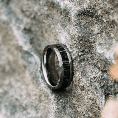 Hammered Tungsten Wedding Band With Black Apricot Wood