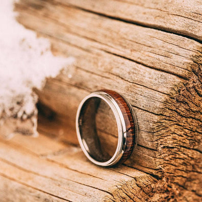 Polished Titanium Wedding Band With Punched Design And Koa Wood