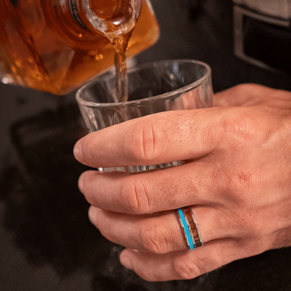 Polished Titanium Wedding Band With Turquoise and Pear Wood