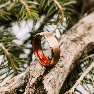 Rose Gold Tungsten Wedding Band With African Padauk Wood Interior