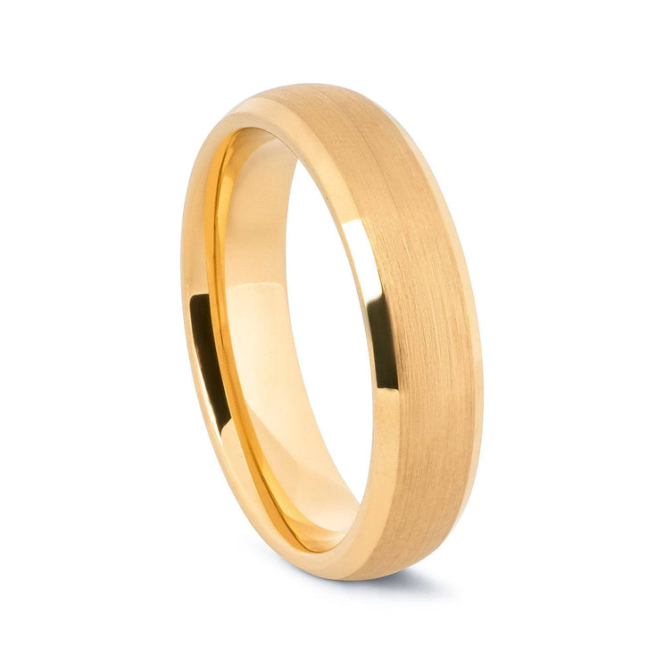 24 Karat Gold Tungsten Brushed Wedding Band With Beveled Edges 6MM