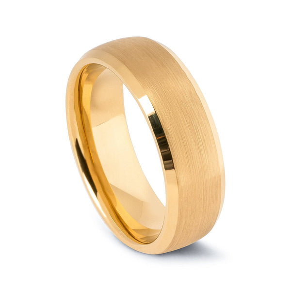 24 Karat Gold Plated Tungsten Brushed Wedding Band With Beveled Edges 8MM