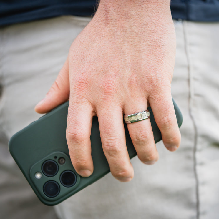 Tungsten Wedding Band With Beveled Edges And Deer Antler 8MM