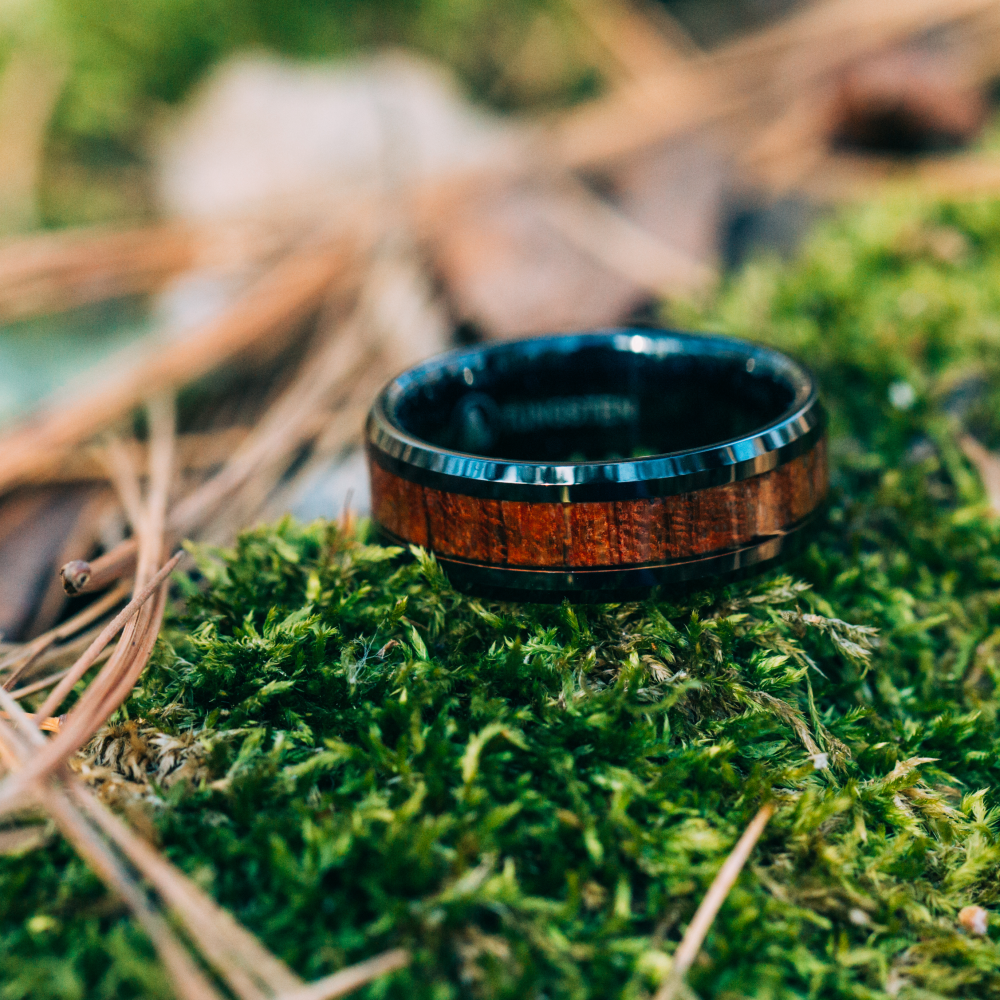 Black Tungsten Wedding Band With Beveled Edges And Pear Wood 8MM