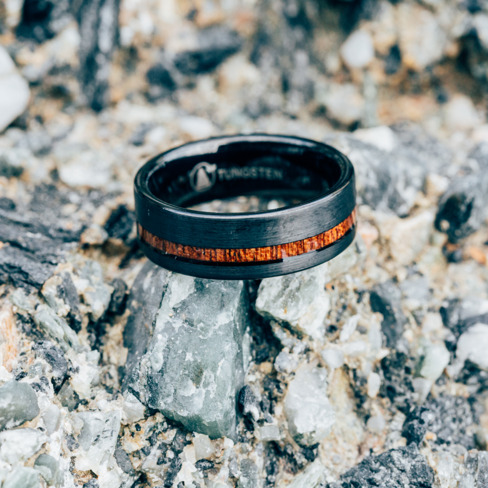 Black Tungsten Wedding Band With Flat Surface And Pear Wood 8MM