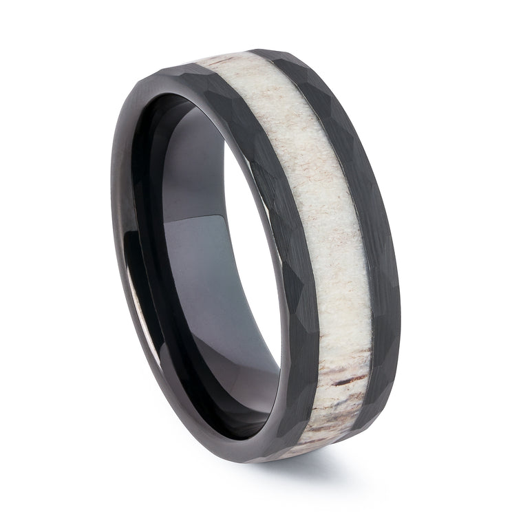 Black Tungsten Hammered Wedding Band With Deer Antler 8MM