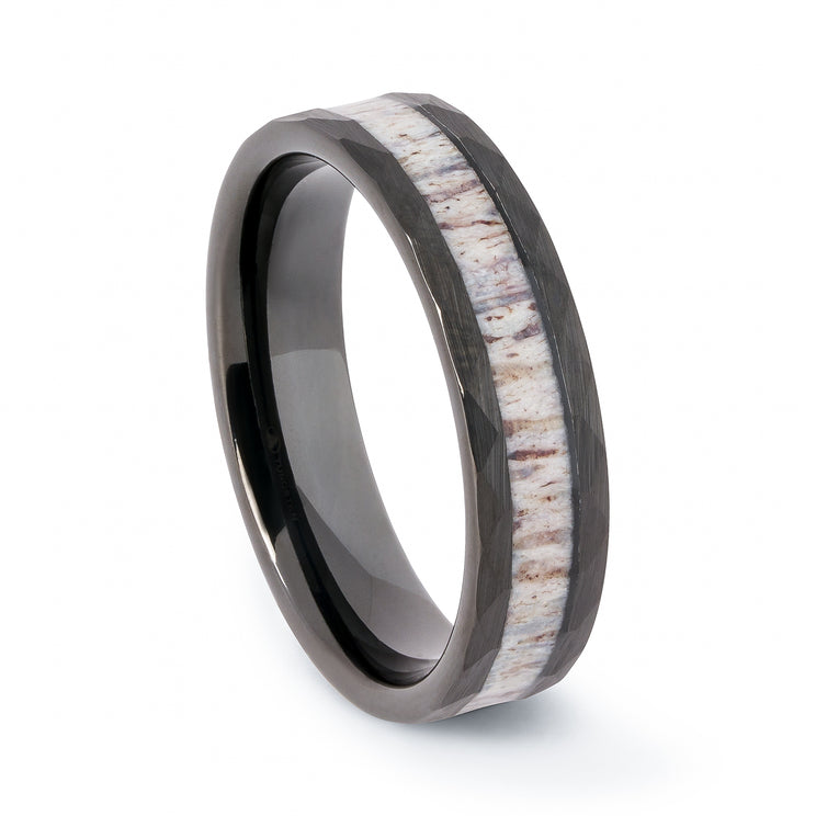 Black Tungsten Hammered Wedding Band With Deer Antler 6MM