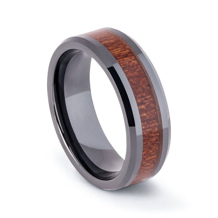 Black Ceramic Wedding Band With Beveled Edges And Pear Wood 8MM