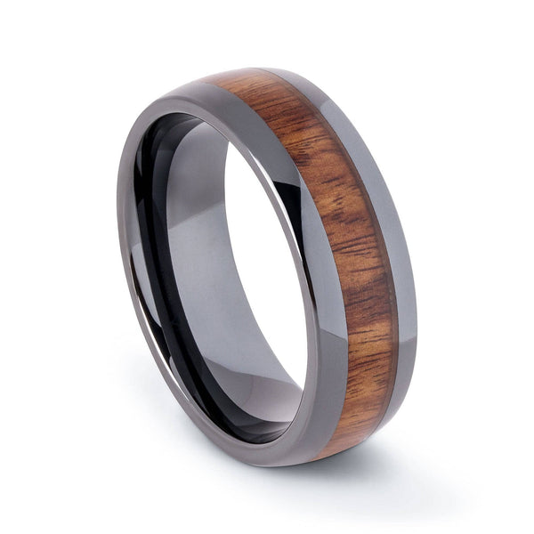 Black Ceramic Wedding Band With Domed Design And Pear Wood