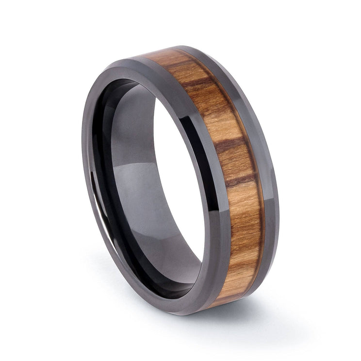 Black Ceramic Wedding Band With Stained Zebra Wood 8MM