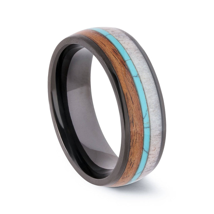 Black Titanium Wedding Band With Turquoise Antler And Chestnut 8MM