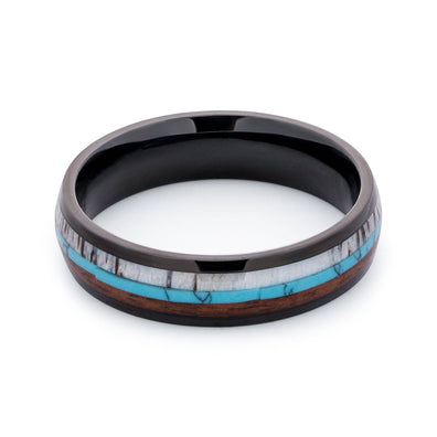 Black Titanium Wedding Band With Turquoise Antler And Chestnut 6MM