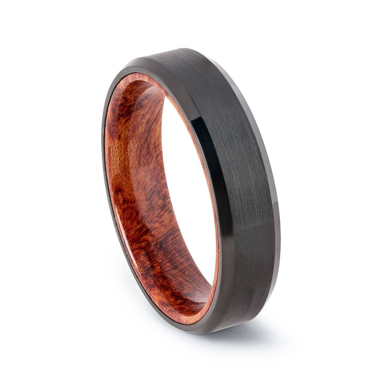 Black Tungsten Wedding Band With Beveled Edges and African Padauk Wood 6MM