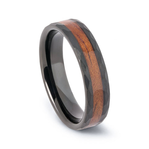 Black Tungsten Hammered Wedding Band With Koa Wood 6MM