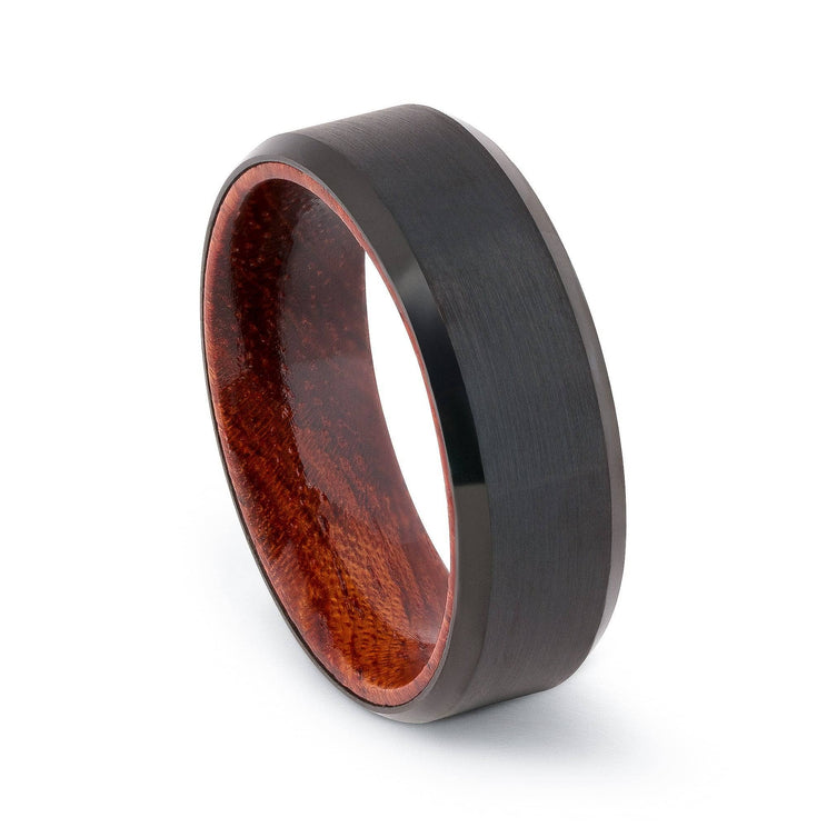 Black Tungsten Wedding Band With Beveled Edges and African Padauk Wood 8MM