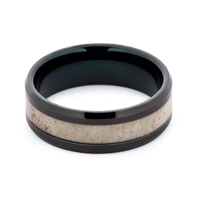 Black Tungsten Wedding Band With Beveled Edges And Deer Antler