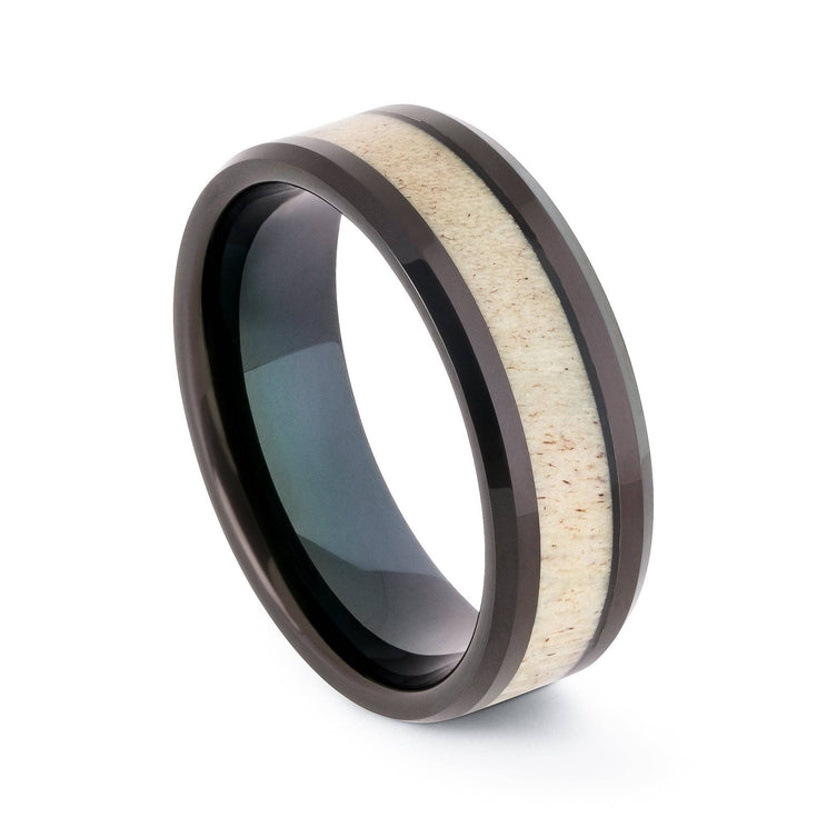 Black Tungsten Wedding Band With Beveled Edges And Deer Antler 8MM