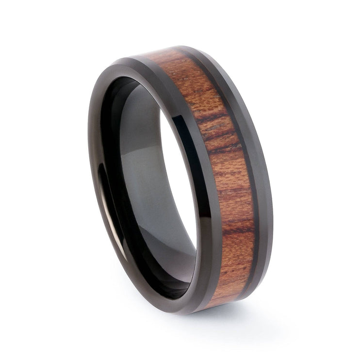 Black Tungsten Wedding Band With Beveled Edges And Pear Wood 8MM