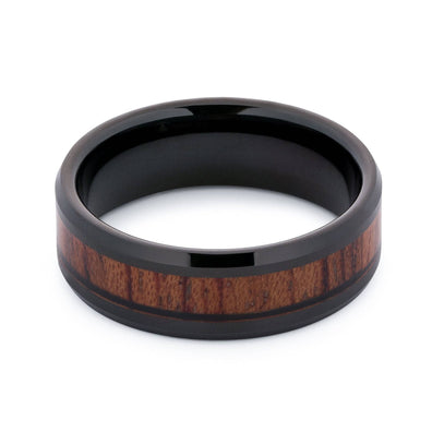 Black Tungsten Wedding Band With Beveled Edges And Pear Wood