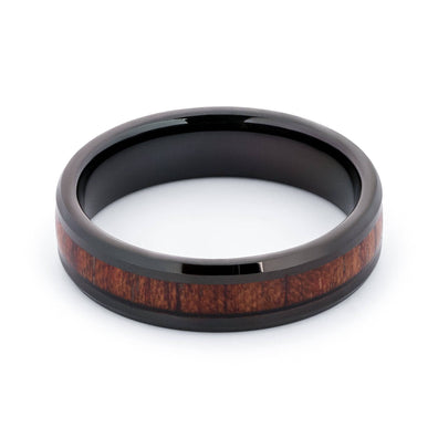 Black Tungsten Wedding Band With Beveled Edges And Pear Wood 6MM