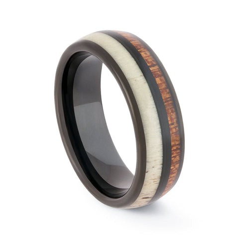 Black Tungsten Wedding Band With Deer Antler And Pear Wood