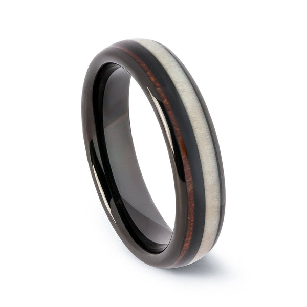 Black Tungsten Wedding Band With Deer Antler And Pear Wood 6MM