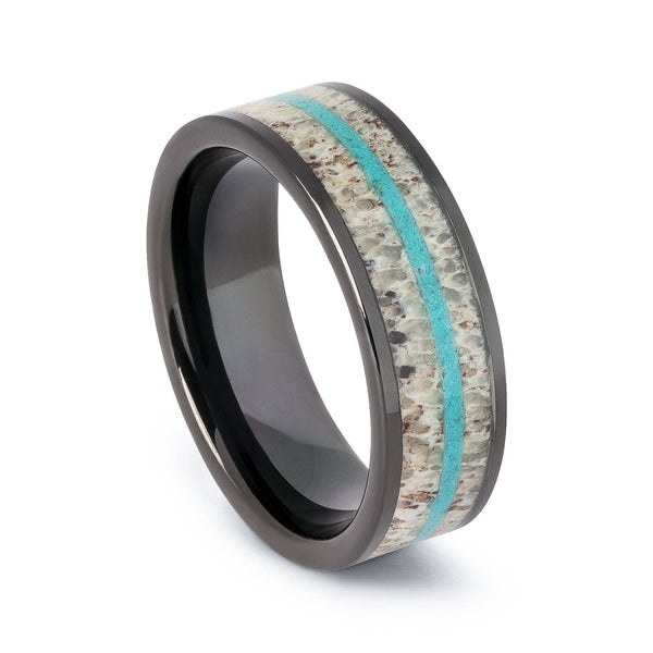 Black Tungsten Wedding Band With Deer Antler And Turquoise