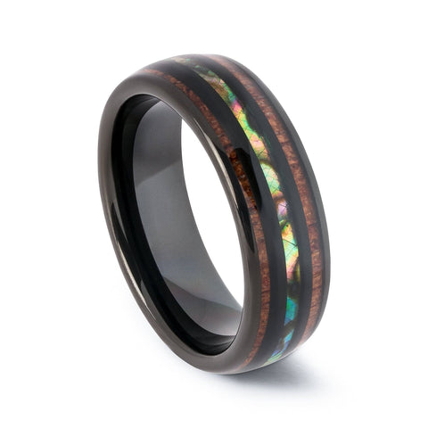 Black Tungsten Wedding Band With Double Pear Wood And Shell