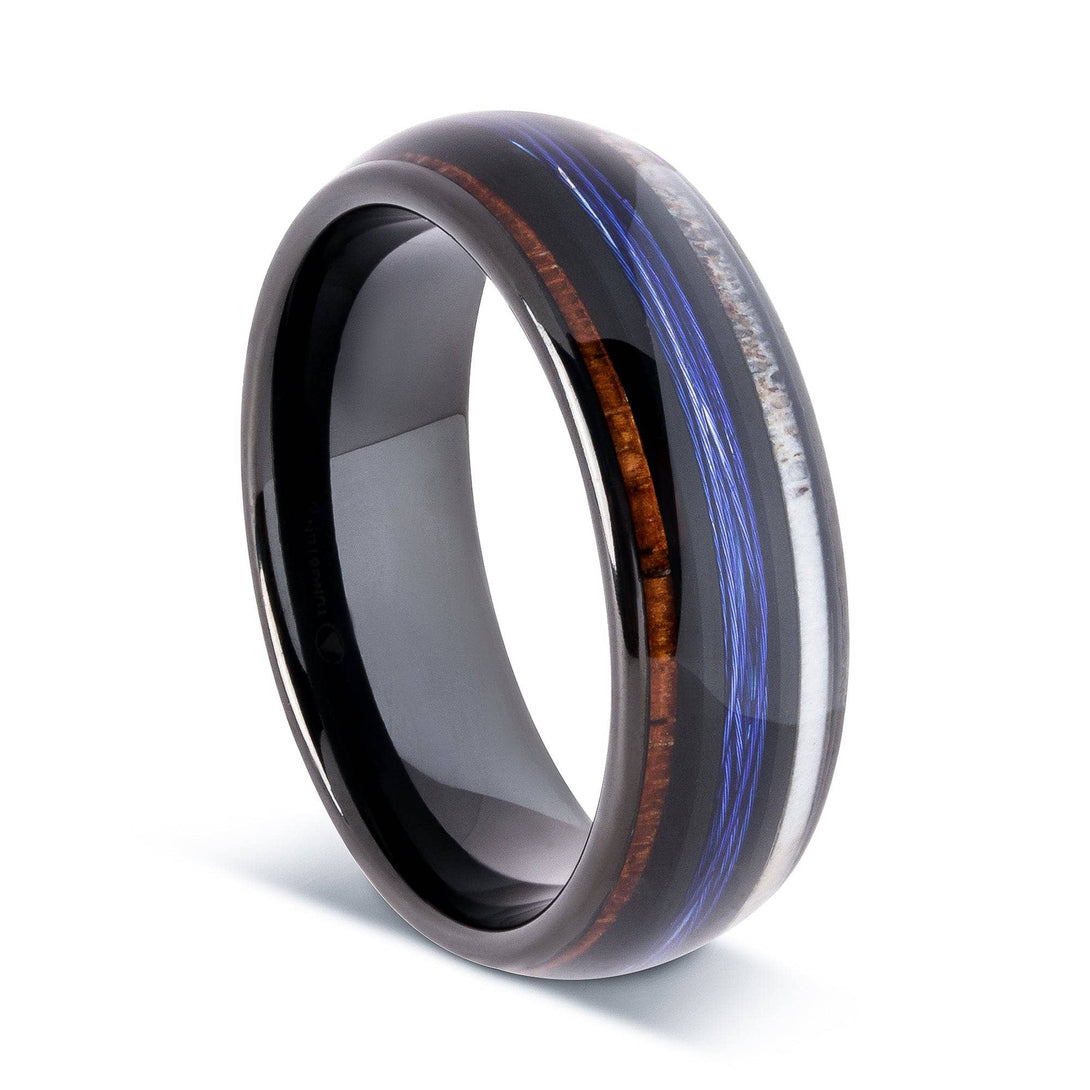Black Tungsten Wedding Band with Fishing Line and Koa Wood and Deer Antler 8mm 13 | Alpine Rings