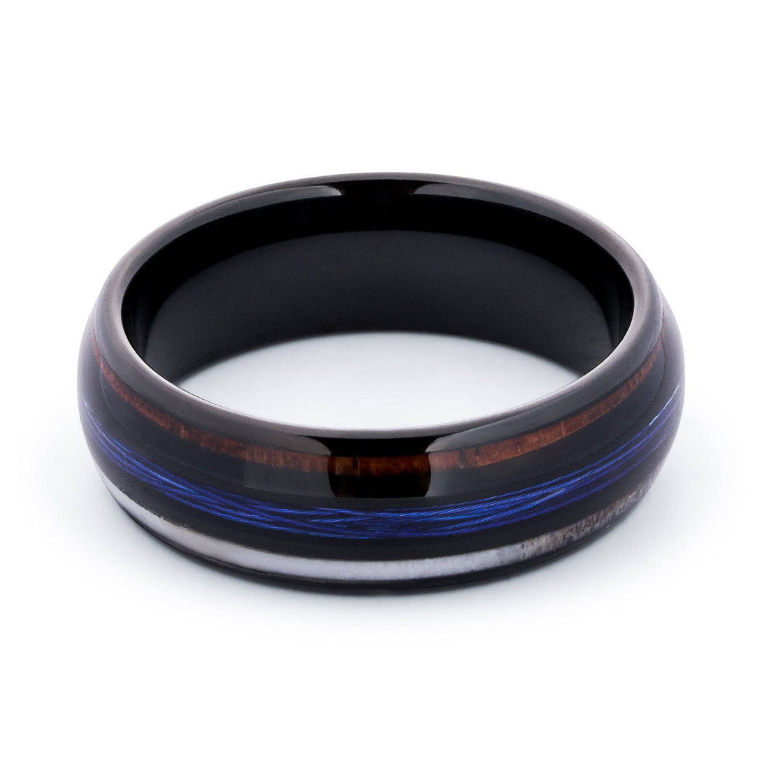 Black Tungsten Wedding Band with Fishing Line and Koa Wood and Deer Antler 8mm 13 | Alpine Rings
