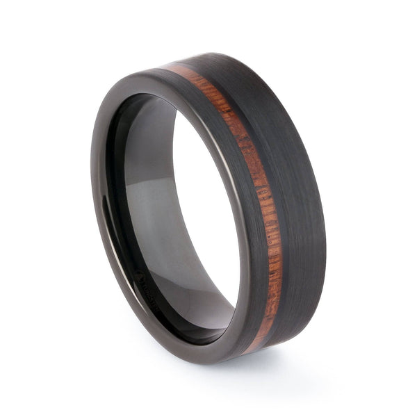Black Tungsten Wedding Band With Flat Surface And Pear Wood