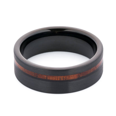 Black Tungsten Wedding Band With Flat Surface And Pear Wood