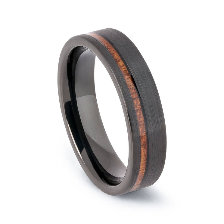 Black Tungsten Wedding Band With Flat Surface And Pear Wood 6MM