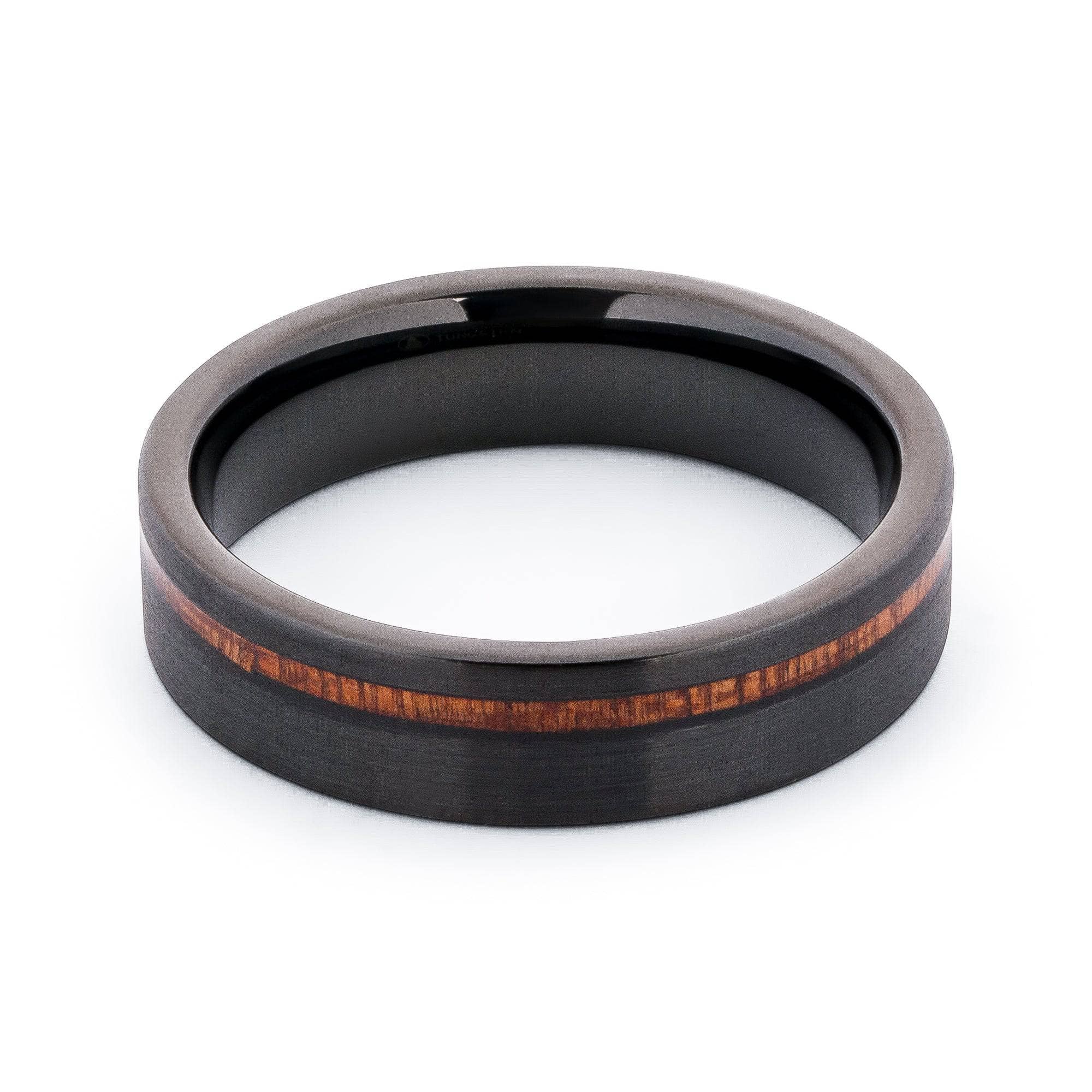 Black Tungsten Wedding Band With Flat Surface And Pear Wood 6MM