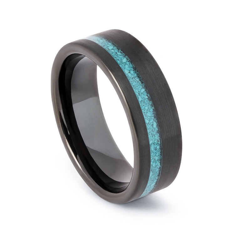 Black Tungsten Wedding Band With Flat Surface And Turquoise 8MM