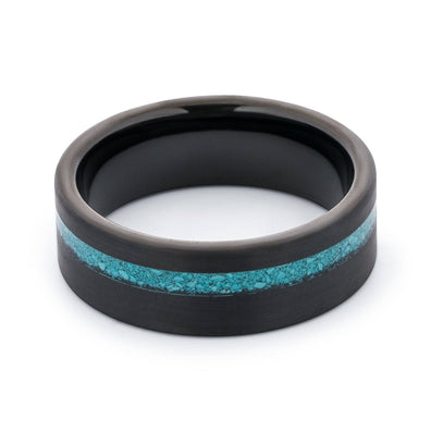 Black Tungsten Wedding Band With Flat Surface And Turquoise