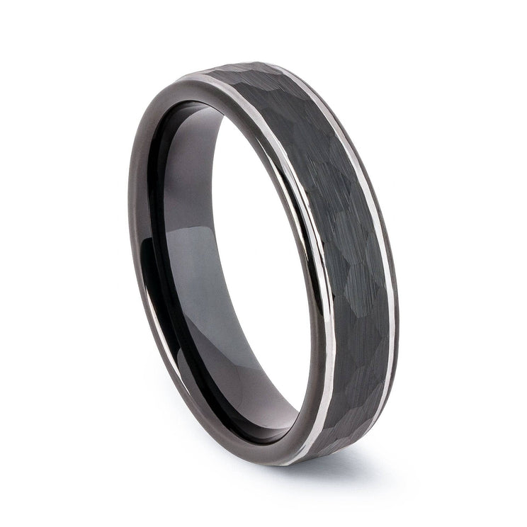 Black Tungsten Wedding Band With Raised Hammered Inlay 6MM