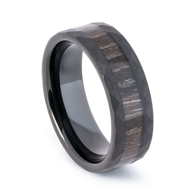 Hammered Black Tungsten Wedding Band With Black Apricot Wood