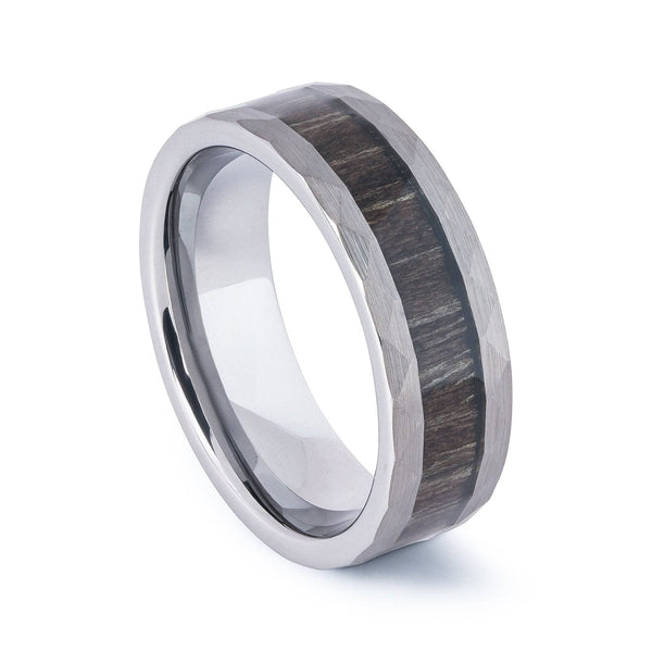Hammered Tungsten Wedding Band With Black Apricot Wood