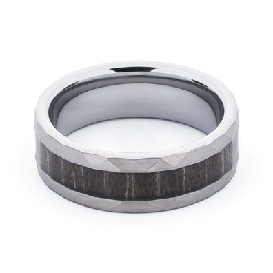Hammered Tungsten Wedding Band With Black Apricot Wood