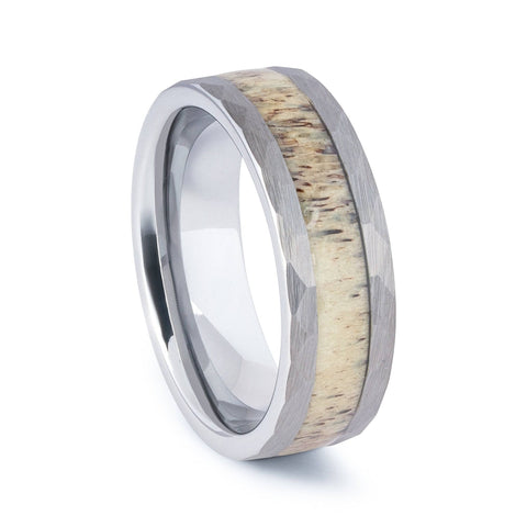 Hammered Tungsten Wedding Band With Deer Antler