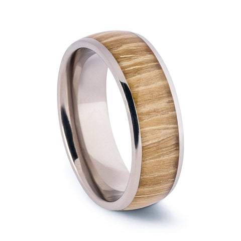 Polished Titanium Wedding Band With Domed Oak Wood