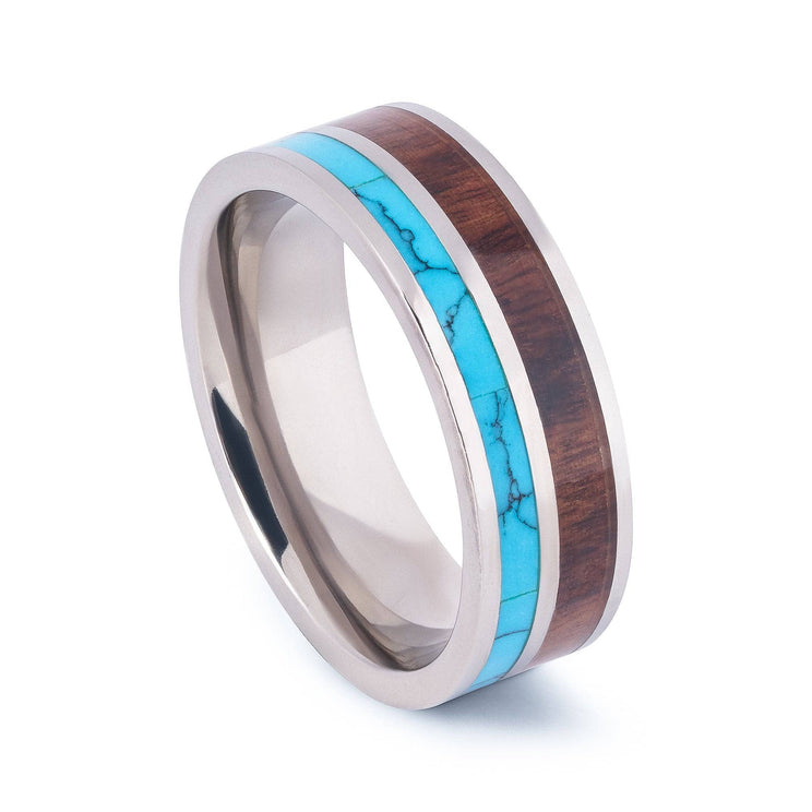Titanium Wedding Band With Turquoise and Pear Wood 8MM