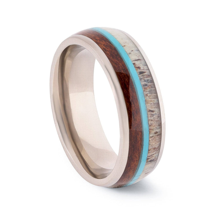 Titanium Wedding Band With Deer Antler And Chestnut Wood with Turquoise 8MM