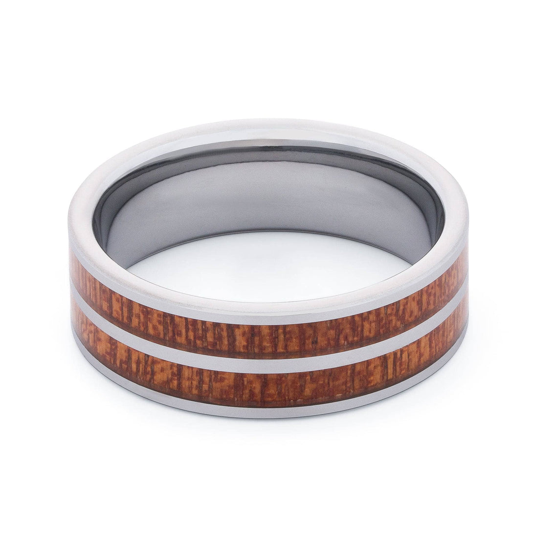 Polished Tungsten Wedding Band Flat Surface And Double Pear Wood